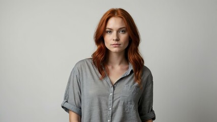 Obraz premium teen stunning red hair white woman with gray shirt model portrait standing straight on a plain white background for ad concept space for text