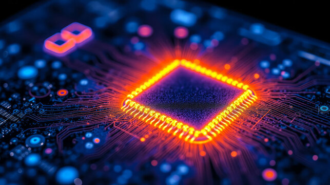The image reveals a close-up of a microprocessor glowing with vibrant colors, set against a dark backdrop that highlights the intricate network of circuits and connections