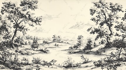 Fototapeta premium Black and white landscape with trees, water, and mountains, illustrating the timeless and dramatic beauty of nature in a classic monochrome style.