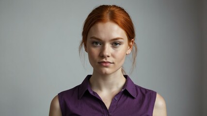 Fototapeta premium teen stunning red hair finno-ugric woman with purple shirt model portrait standing straight on a plain white background for ad concept space for text