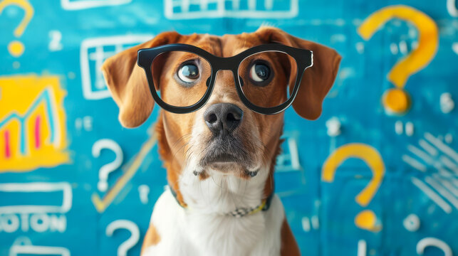 Curious and perplexed dog has a lot of questions, confused dog student, study learning education concept.