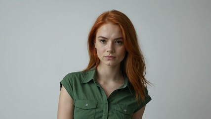 Fototapeta premium teen stunning red hair european woman with green shirt model portrait standing straight on a plain white background for ad concept space for text