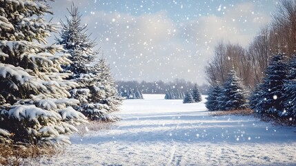 Fototapeta premium Picturesque snowy winter landscape with a Christmas tree farm in the distant forest Serene and tranquil scene perfect for seasonal holiday greetings cards and other festive imagery