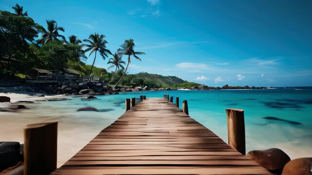 Relaxing walk along a wooden pier with tropical scenery and clear blue waters in a serene coastal location