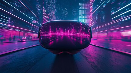 Virtual reality headset in a neon cityscape, capturing the immersive and futuristic experience of VR technology in a vibrant urban setting.