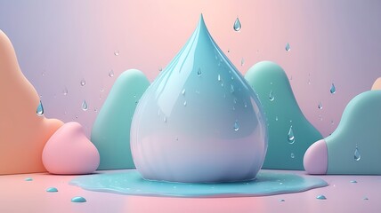 Smiling blue water drop with large eyes in water. Fun and playful design for water conservation campaigns, childrens educational materials, wellness industry.
