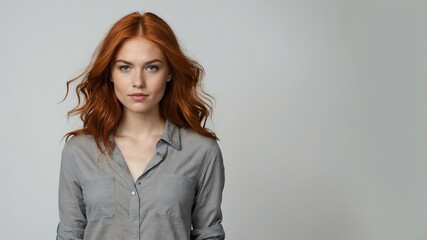 Fototapeta premium teen stunning red hair caucasian woman with gray shirt model portrait standing straight on a plain white background for ad concept space for text