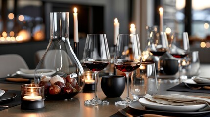 Dinner Table Setting With Red Wine Glasses, Candlelight, And Rustic Elegance , Evening Ambiance
