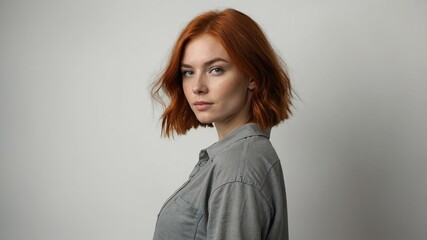 Fototapeta premium teen stunning red hair caucasian woman with gray shirt model portrait standing straight on a plain white background for ad concept space for text