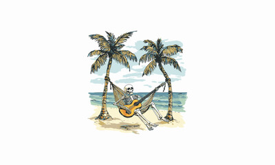 skeleton is relaxing on a swing on the beach vector flat design