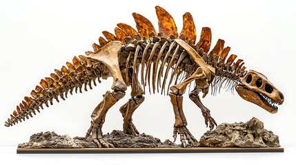 Spinosaurus skeleton fossil display on white background, offering a clear and detailed view of one of the most iconic dinosaurs in a scientific context.