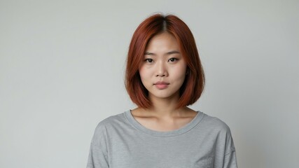 Obraz premium teen stunning red hair asian woman with gray shirt model portrait standing straight on a plain white background for ad concept space for text