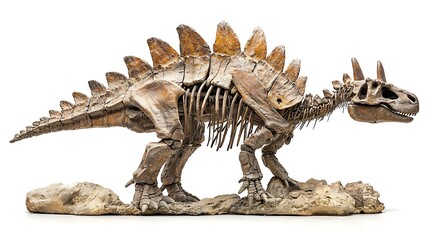 Spinosaurus skeleton fossil isolated on white background, highlighting the intricate details and historical significance of this prehistoric creature.