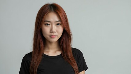Fototapeta premium teen stunning red hair asian woman with black shirt model portrait standing straight on a plain white background for ad concept space for text