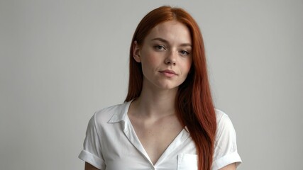 Obraz premium teen stunning red hair american woman with red shirt model portrait standing straight on a plain white background for ad concept space for text