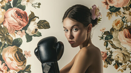 Woman in Boxing Gloves with Floral Accents: A strong yet feminine image of a woman in boxing gloves, surrounded by soft floral elements, representing the balance of strength and be