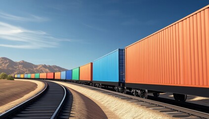 Obraz premium A freight train with colorful containers is driving through the desert, with mountains in the background