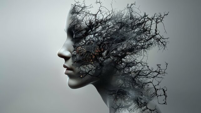 Profile of a woman with superimposed dead tree branches, symbolizing inner strength and resilience.