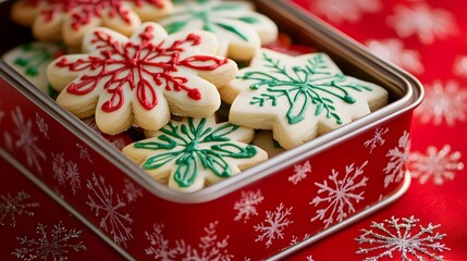 Festive Christmas cookies arranged in a decorative tin container with vibrant holiday patterns creating a warm and cozy atmosphere with space to include a personalized holiday greeting