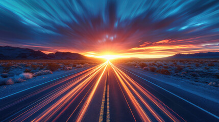 road in the Arizona desert. sunset. blue tones. high speed photography. 