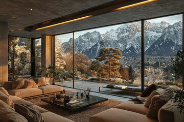 Modern living room with mountain view and cozy atmosphere