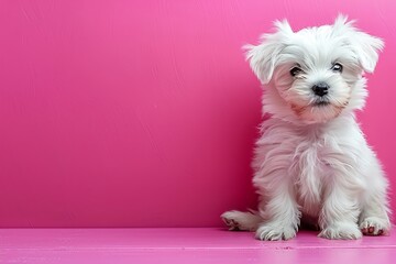 Adorable white puppy sitting on a vibrant pink background, showcasing its fluffy fur and playful personality.