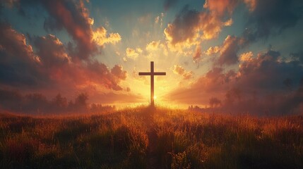 Fototapeta premium Sunrise with radiant light illuminating a cross, warm sky, spiritual and peaceful atmosphere
