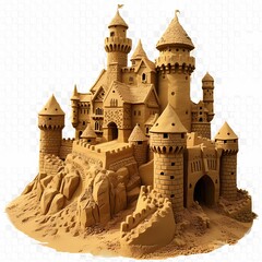 An intricately designed sandcastle with multiple turrets, showcasing detailed craftsmanship.