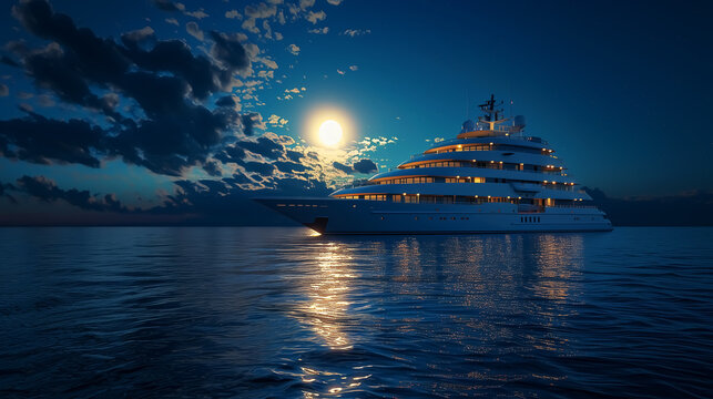 A luxurious yacht illuminated by moonlight, perfect for summer vacations, romantic getaways, or upscale events on the water.