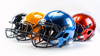 Fototapeta premium Football helmets side view in multiple colors isolated on white.