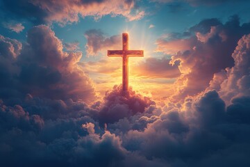 Fototapeta premium Sunrise with radiant light illuminating a cross, warm sky, spiritual and peaceful atmosphere