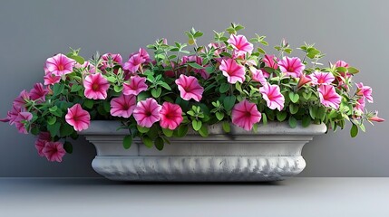 Fototapeta premium A vibrant planter filled with pink petunia flowers, showcasing nature's beauty in a decorative setting.