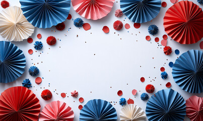 Fototapeta premium USA national holiday banner design with red, white, and blue paper fans, confetti on a white table. Perfect for American Independence Day, Labor Day, or Columbus Day celebrations.