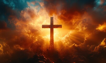 Fototapeta premium Divine sunrise illuminating a cross, golden sky, spiritual and serene atmosphere