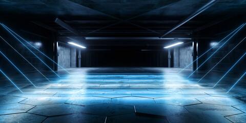 Cyber Sci Fi Futuristic Stage Showcase Blue Beams Neon Lasers On Dark Showroom Tunnel Corridor Warehouse Garage Hangar Alien Spaceship Grunge Concrete Realistic 3D Rendering