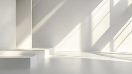 Fototapeta premium Minimalist white background with abstract geometric designs and subtle light effects