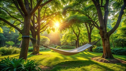 Naklejka premium Serenene hammock nestled between two towering trees, surrounded by lush green foliage and dappled sunlight, evoking a sense of peaceful relaxation in a natural oasis.
