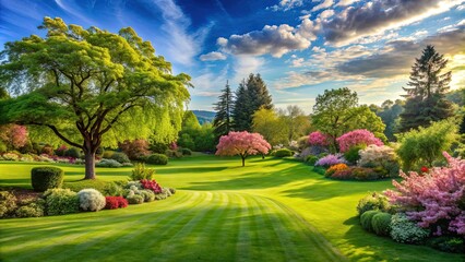 Fototapeta premium Serene summer landscape featuring a lush, vibrant green pelouse lawn surrounded by mature trees, blooming flowers, and a hint of sunny blue sky.