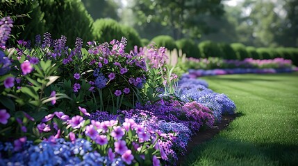 Obraz premium A vibrant garden scene featuring colorful flowers and lush greenery.
