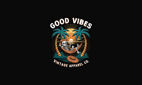 skeleton relaxing on beach good vibes vector artwork design