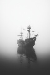Old Ship in Foggy Sea   Black and White   Nautical Photography