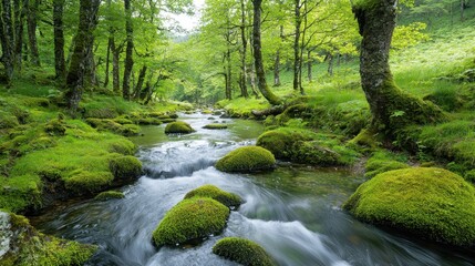 Obraz premium Moss Covered Rocks and Stream in Lush Forest