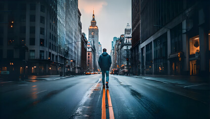 A man is walking alone the road in a big city