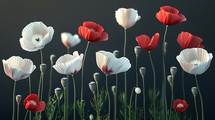 Fototapeta premium A vibrant arrangement of red and white flowers, showcasing their delicate beauty in a lush green setting.