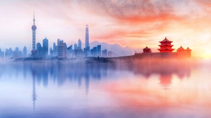 Naklejka premium Stunning Sunrise Over Shanghai Skyline and Traditional Chinese Architecture