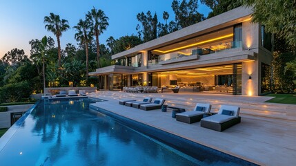 Fototapeta premium Modern luxury villa with pool and palm trees at dusk