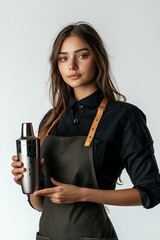 A female bartender in a black shirt and apron, holding a cocktail shaker, isolated on white background, more clarity with clear light and sharp focus, high detailed