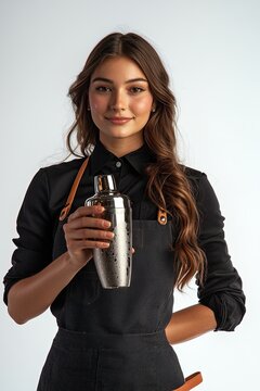 A female bartender in a black shirt and apron, holding a cocktail shaker, isolated on white background, more clarity with clear light and sharp focus, high detailed