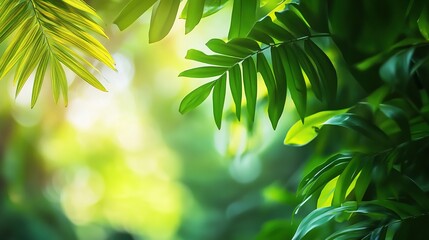 Modern close-up of green leaves with a blurred lush forest background