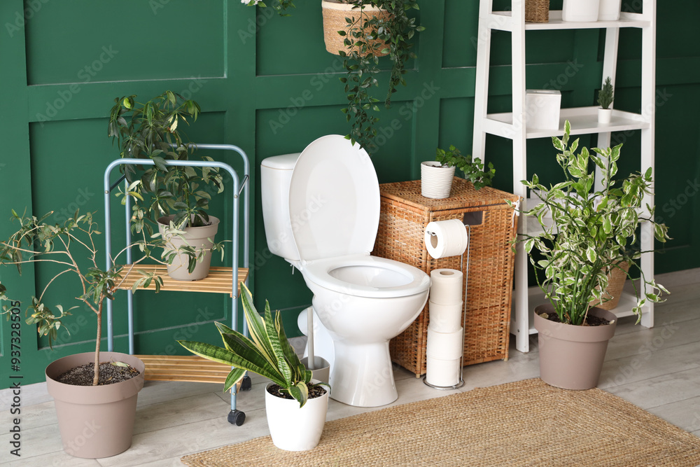 Poster toilet bowl, laundry basket, houseplants and shelving unit in restroom